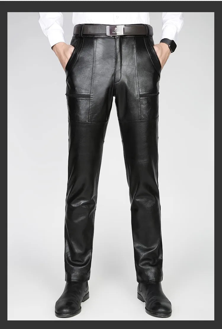 Men's Thickened Leather Pants with Detachable Warm Fleece Liner Genuine Cowhide Goatskin for Autumn And Winter