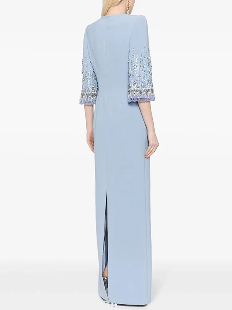 Eshin Women's Light Blue Embellished Maxi Dress Elegant Round Neck Formal Evening Gown Three Quarter Sleeve Beaded SA21