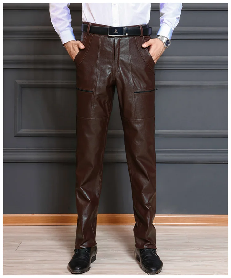 Men's Thickened Leather Pants with Detachable Warm Fleece Liner Genuine Cowhide Goatskin for Autumn And Winter