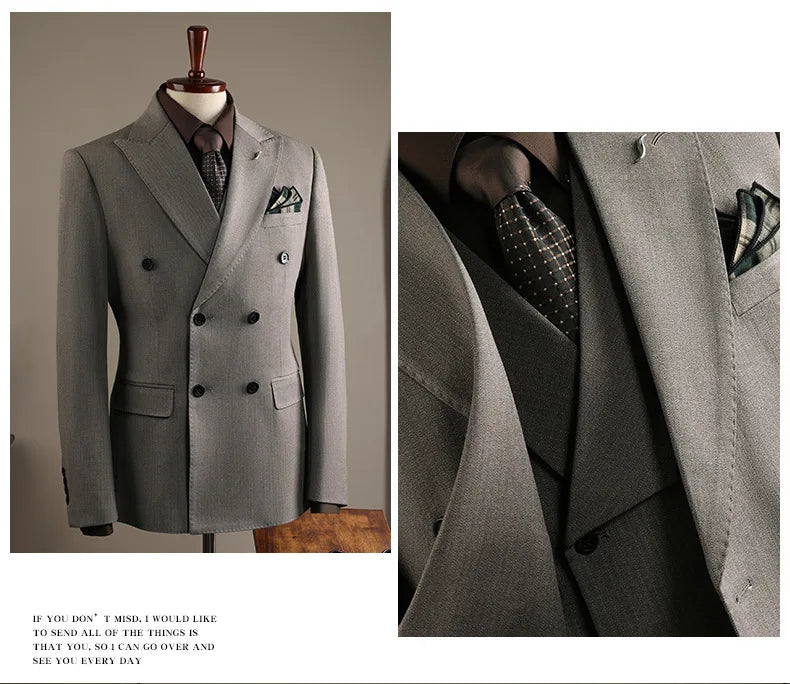 High Quality Mens Suit Formal Business Slim Fit Double-breasted Striped Suit Set Groom Wedding Dress Party Tuxedo Men's Clothing
