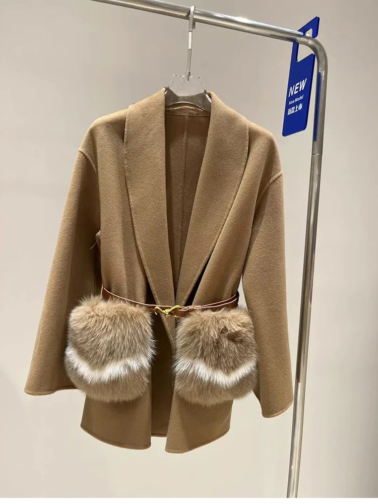 2025 New Women Winter Cashmere Wool Woolen Jacket Real Natural Fox Fur Pocket Coat Ladies Outwear Luxury Jacket