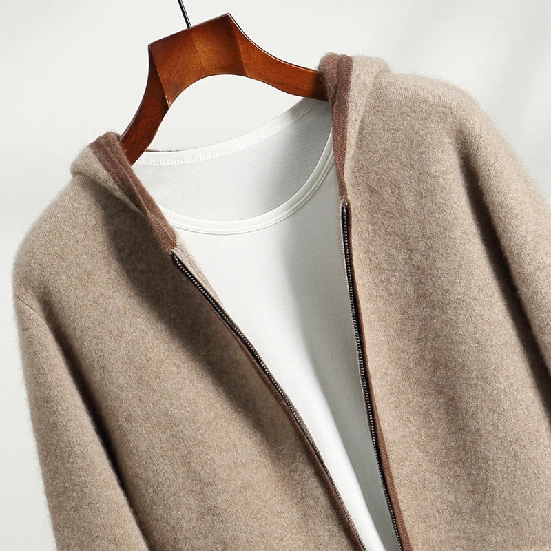 New Men 100% Cashmere Hooded Sweatercoat Autumn Winter Color Block Cardigan Casual Smart Coat Luxury Knitwear Zipper Tops Hoodie