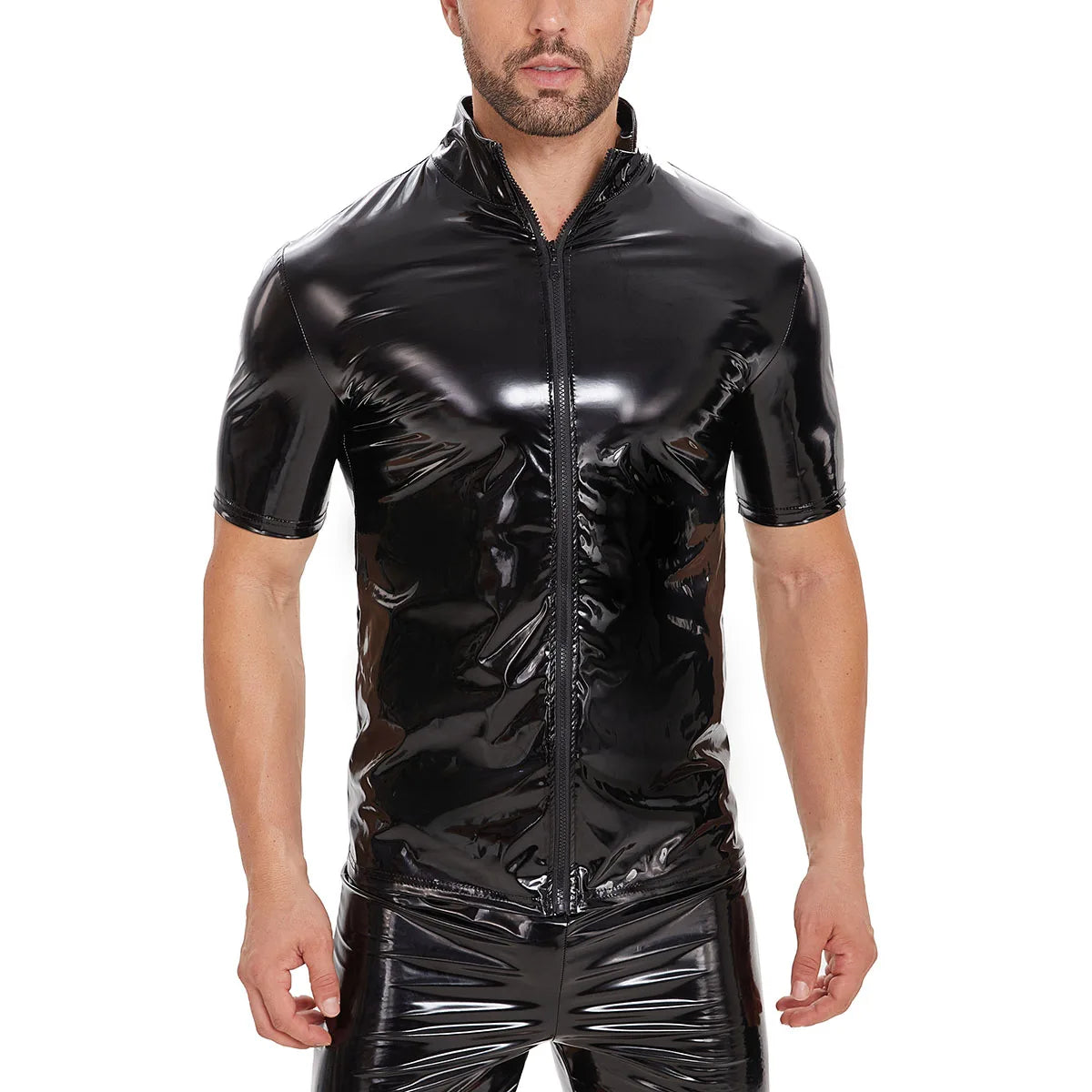 Shiny Leather Shirt For Men Short Sleeve Full Zippper Glossy PVC Leather Tops Plus Size Wetlook Latex Shaping Casual Shirt Sexi