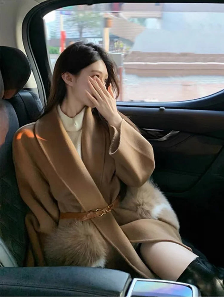 2025 New Women Winter Cashmere Wool Woolen Jacket Real Natural Fox Fur Pocket Coat Ladies Outwear Luxury Jacket