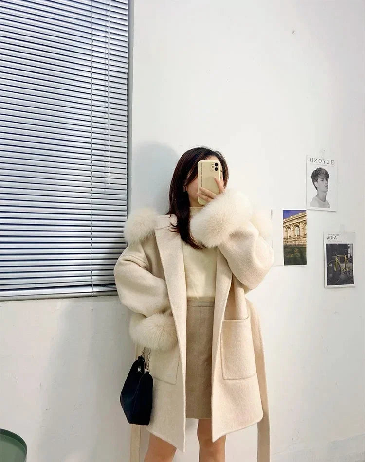2024 Luxury Loose  Autumn Winter Fox Fur Collar Hooded Wool Cashmere Coat Women's Mid-length Woolen Jacket Outerwear Streetwear
