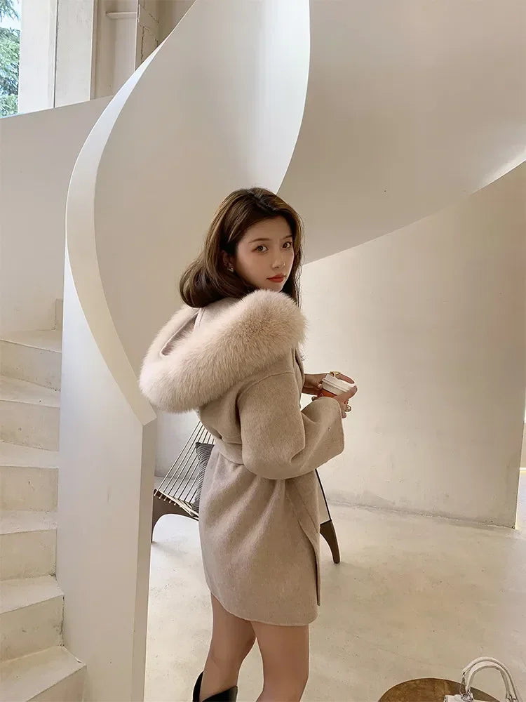 2024 Luxury Loose  Autumn Winter Fox Fur Collar Hooded Wool Cashmere Coat Women's Mid-length Woolen Jacket Outerwear Streetwear