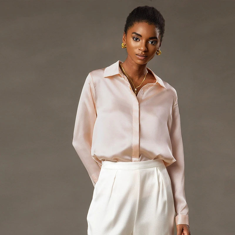 Spring Covered Button Mulberry Silk Shirt Long Sleeve Ladies Clothing Luxury 19Mm 100% Silk Women'S Fashion Blouses