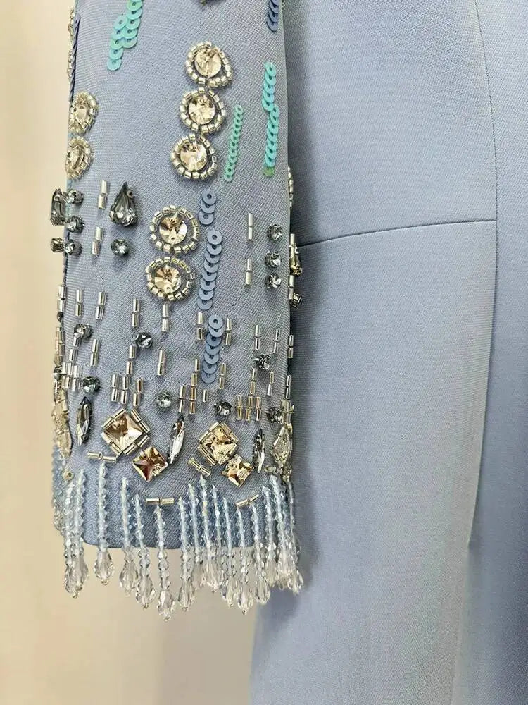 Eshin Women's Light Blue Embellished Maxi Dress Elegant Round Neck Formal Evening Gown Three Quarter Sleeve Beaded SA21