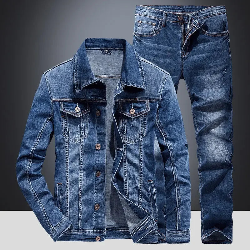 Spring Autumn Men's Denim Suit Loose Fit Plus Size Korean Trendy Two-Piece Student Versatile Outerwear Casual Jacket