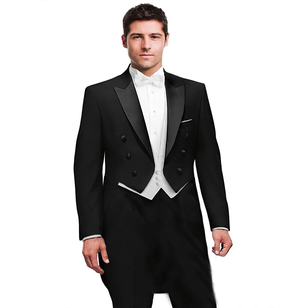 Mens Tuxedo Tailcoat Formal Dress Suits Swallow Tail Coat Black Male Jacket Vest Pants Party Wedding Dance Magic Performance
