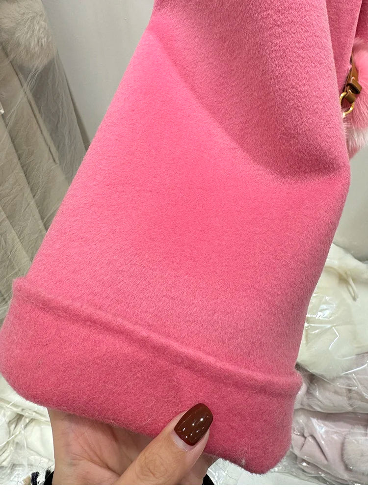 2025 New Women Winter Cashmere Wool Woolen Jacket Real Natural Fox Fur Pocket Coat Ladies Outwear Luxury Jacket