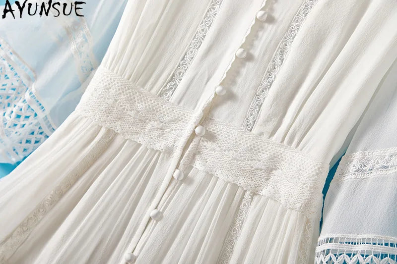 AYUNSUE 100% Mulberry Silk Womens Dress Mid Length White Dresses for Woman Clothes Summer Elegant Dress 2025 Vestidos De Mujer