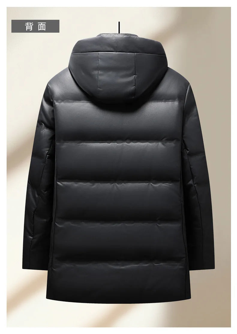 2024 Winter New Men's Medium to Long Leather Goose Down Jacket Thickened Warm and Cold Resistant Goose Down Content 90% Large