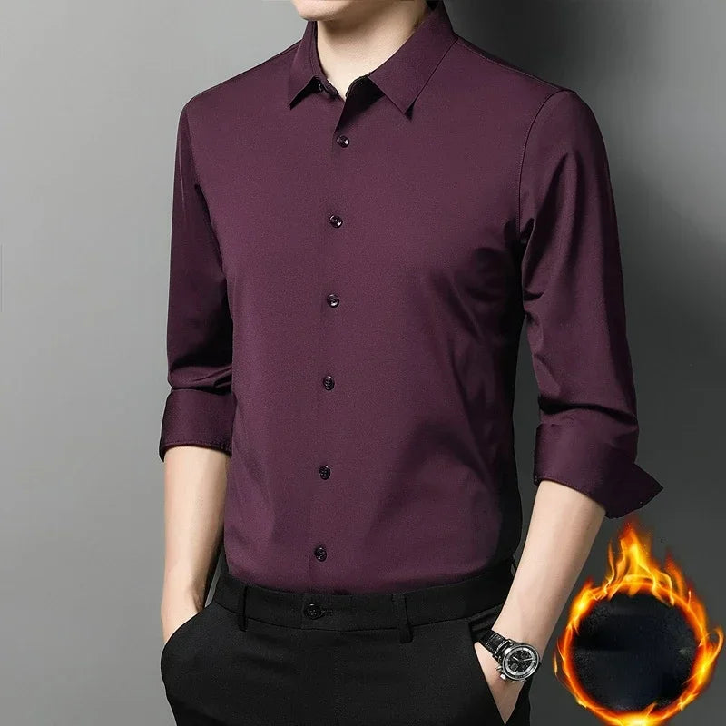 Tcyeek  Mulberry Silk Long Sleeve Shirt for Men 1808 Autumn and Winter Plush Thickened Business Silk Shirts Men's Clothing