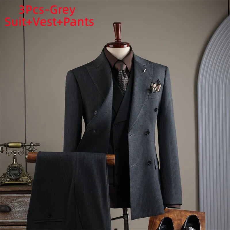 High Quality Mens Suit Formal Business Slim Fit Double-breasted Striped Suit Set Groom Wedding Dress Party Tuxedo Men's Clothing