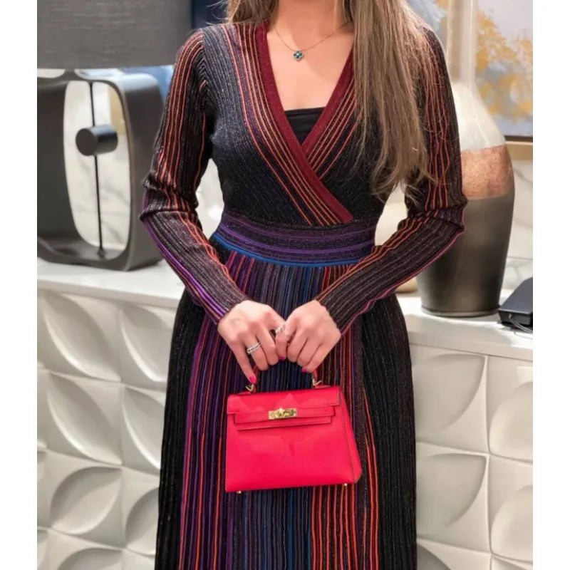 GGHK Stylish V-neck Knit Maxi Dress with Metallic Stripes 2024 New Luxury Woman Party Dress Sexy Vintage Robe Elegant Gowns