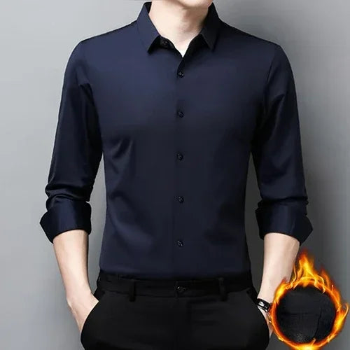 Tcyeek  Mulberry Silk Long Sleeve Shirt for Men 1808 Autumn and Winter Plush Thickened Business Silk Shirts Men's Clothing