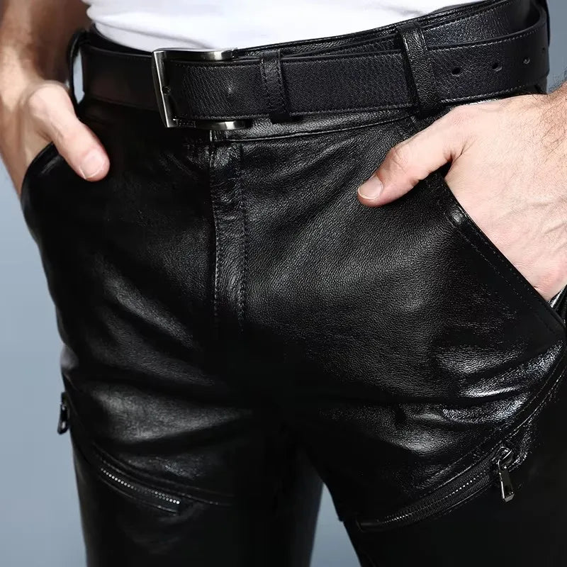 Youth Men's Genuine Leather Pants with Fleece Thickened Autumn Winter First Layer Cowhide Goatskin Pants for Warmth And Style