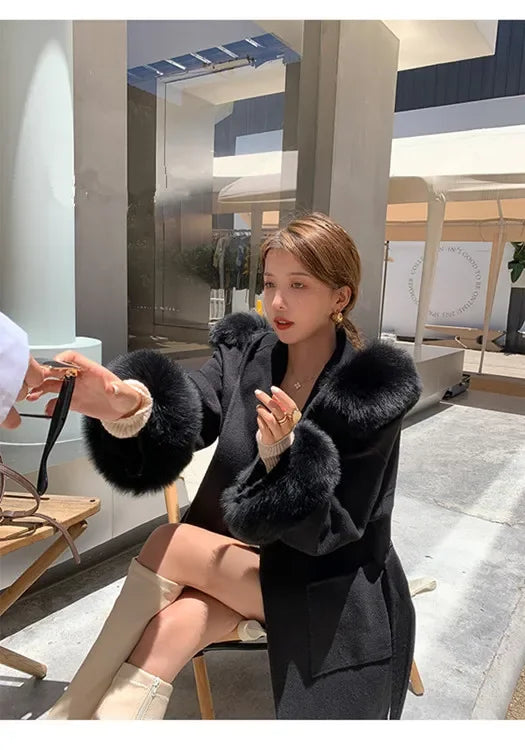 2024 Luxury Loose  Autumn Winter Fox Fur Collar Hooded Wool Cashmere Coat Women's Mid-length Woolen Jacket Outerwear Streetwear