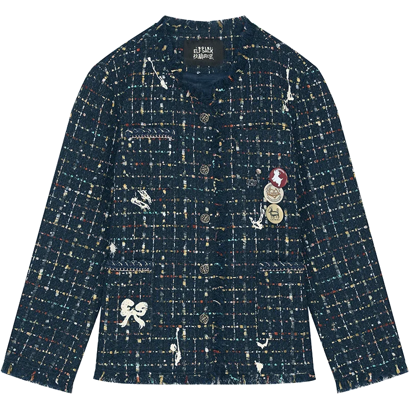 ELFSACK 2025 Autumn New Arrival Elegant French Tweed Premium Brooch Decor Blazer Jacket For Woman