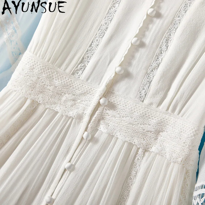 AYUNSUE 100% Mulberry Silk Womens Dress Mid Length White Dresses for Woman Clothes Summer Elegant Dress 2025 Vestidos De Mujer